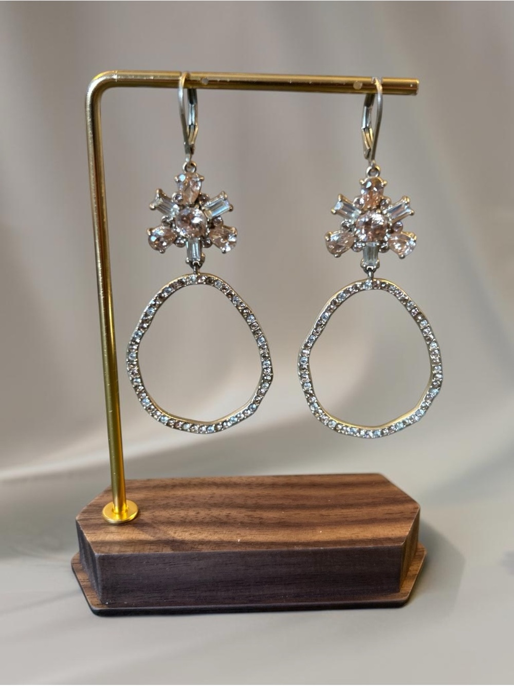 Crystal Cluster Floral Oval Drop Hoop Earrings, Statement Formal Bridal Elegant